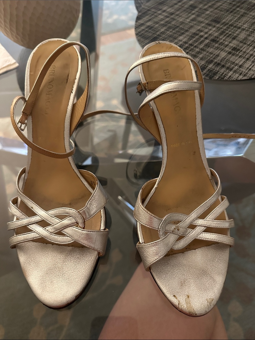 Bruno Magli Silver Strappy Knotted Heel Sandals